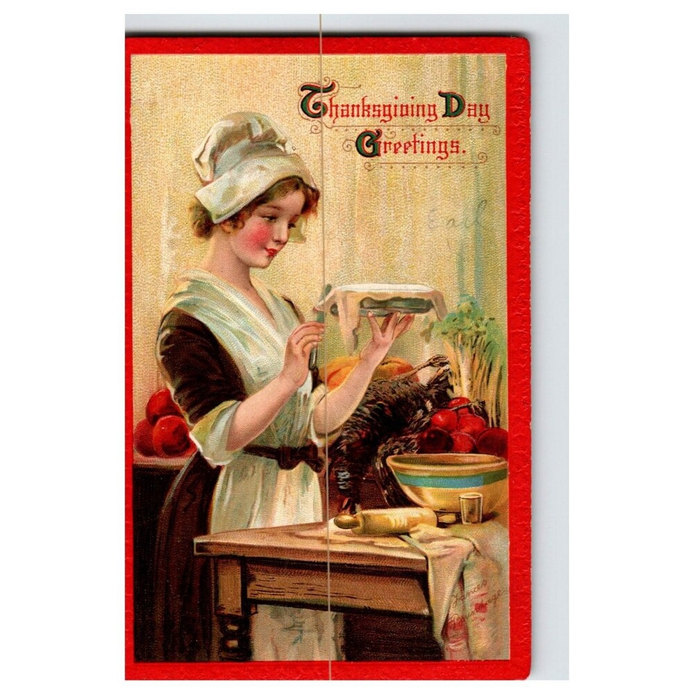 Frances Brundage Thanksgiving Day Greetings Postcard Pilgrim Girl Pie Turkey